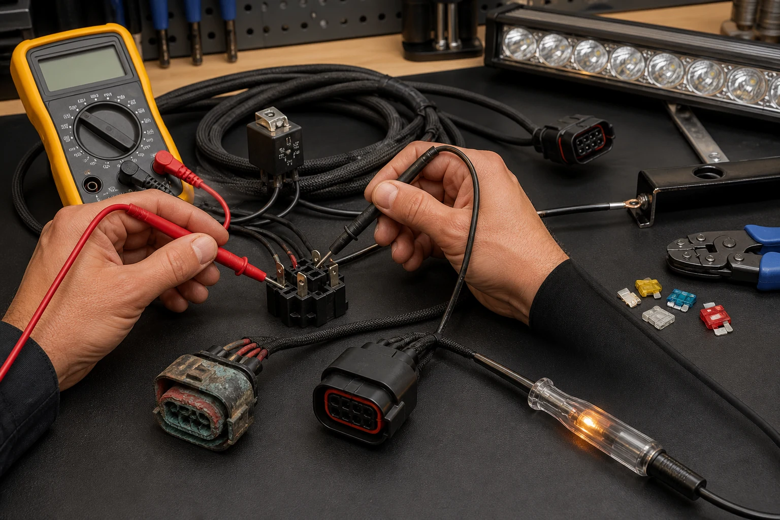 What is a Light Bar Wiring Harness? Components, Types, and Installation Guide 4 Automotive technician checking a light bar relay socket and sealed connectors with a multimeter, test light, spare fuses, and crimp tool