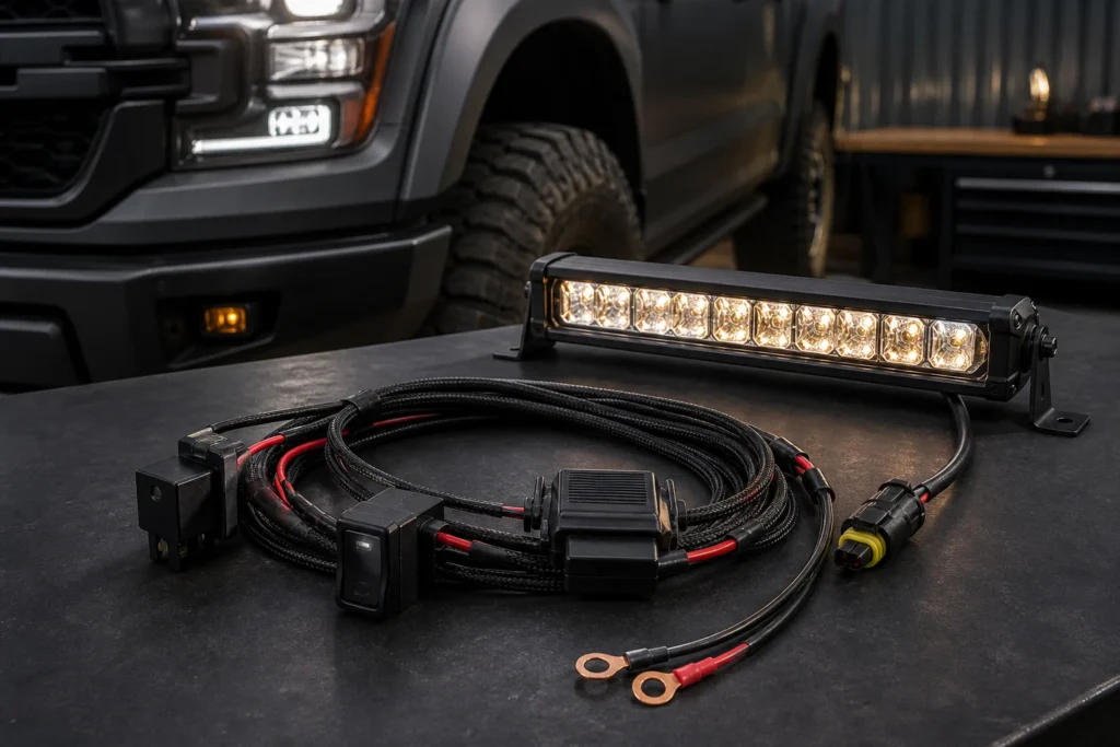 LED light bar wiring harness with relay, fuse holder, rocker switch, sealed connector, and battery leads beside an off-road light bar