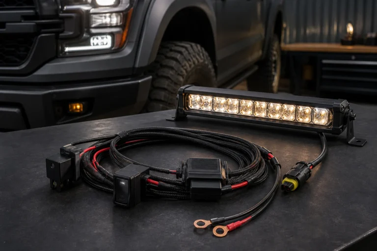LED light bar wiring harness with relay, fuse holder, rocker switch, sealed connector, and battery leads beside an off-road light bar