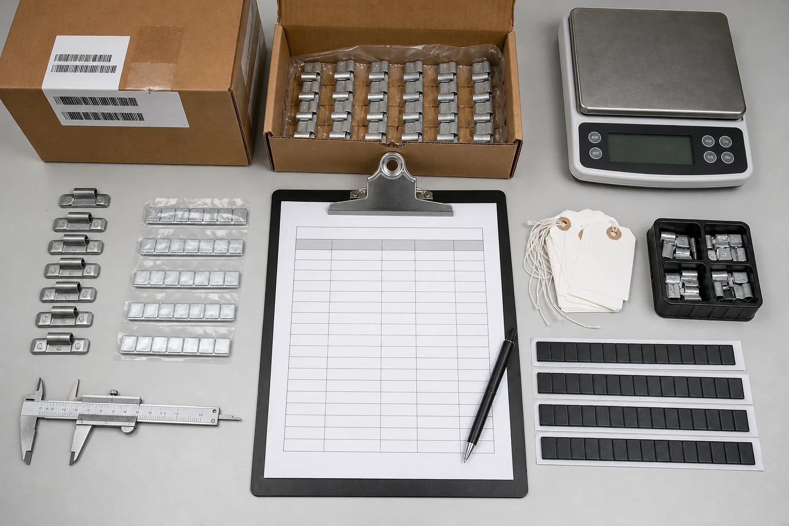 OEM Wheel Weights: What Brand Owners Should Require From a Manufacturer 2 OEM wheel weight sample approval and traceability review with clip-on and adhesive weights lot tags caliper scale and carton labels