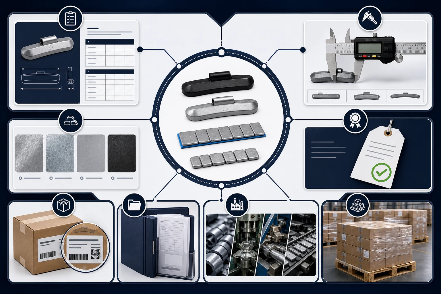 OEM Wheel Weights: What Brand Owners Should Require From a Manufacturer 1 OEM wheel weight control map showing product specification materials inspection sample approval carton labeling traceability and repeat orders