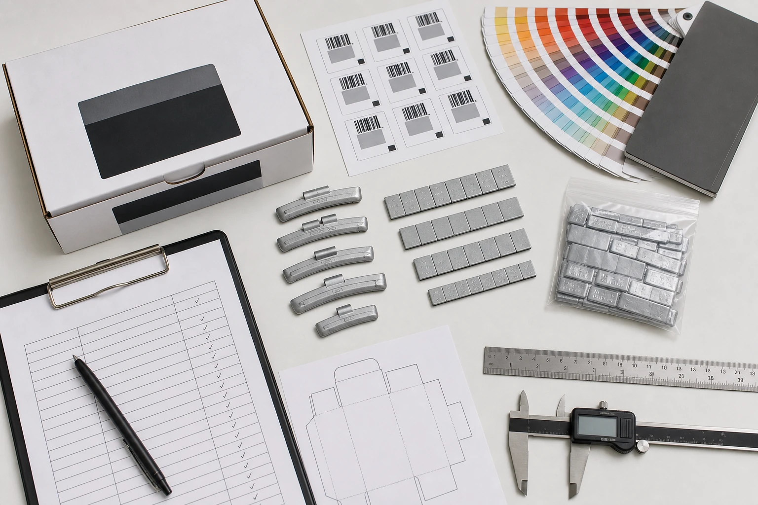 Private-label wheel weight product sample barcode label carton mockup color swatch and purchase approval checks