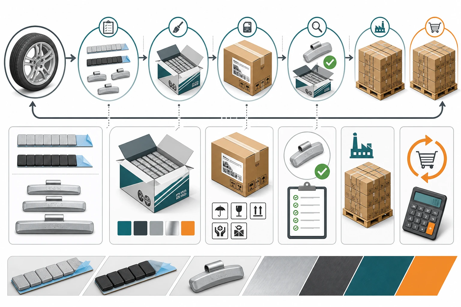 Private-label wheel weight launch flow from standard product and SKU selection through cartons samples MOQ and repeat order