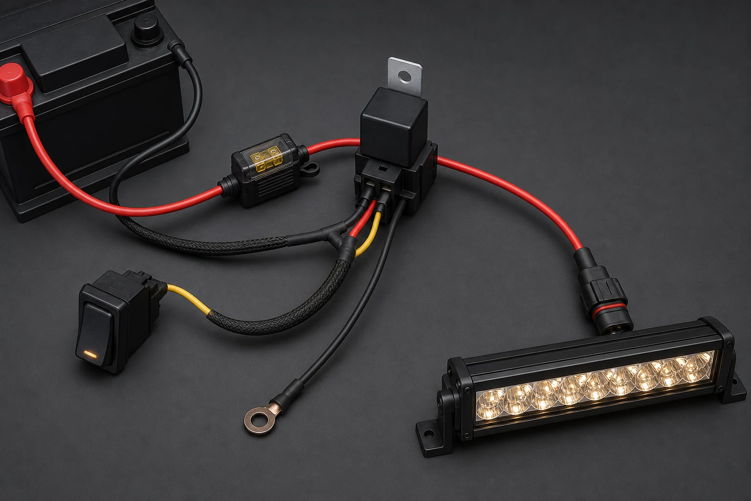 What is a Light Bar Wiring Harness? Components, Types, and Installation Guide 1 12V LED light bar wiring harness layout showing battery, inline fuse, relay, rocker switch, ground lead, and lamp connector