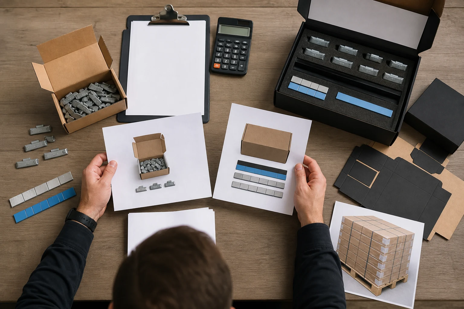 Wheel Weight MOQ: What Determines Minimum Order Quantity? 2 Buyer comparing standard wheel weight carton samples with a custom private-label wheel weight packaging plan