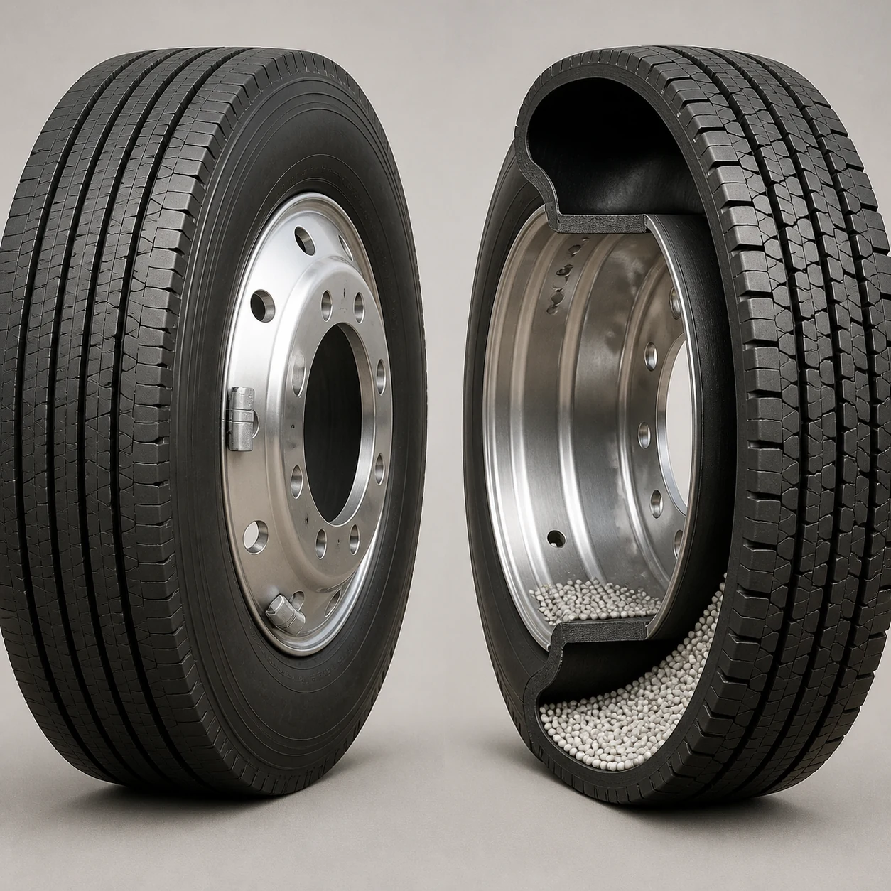 Balancing Beads vs Wheel Weights for Trucks: A Fleet Selection Guide 1 Cutaway comparison of fixed wheel weights on a truck rim and balancing beads inside a truck tire