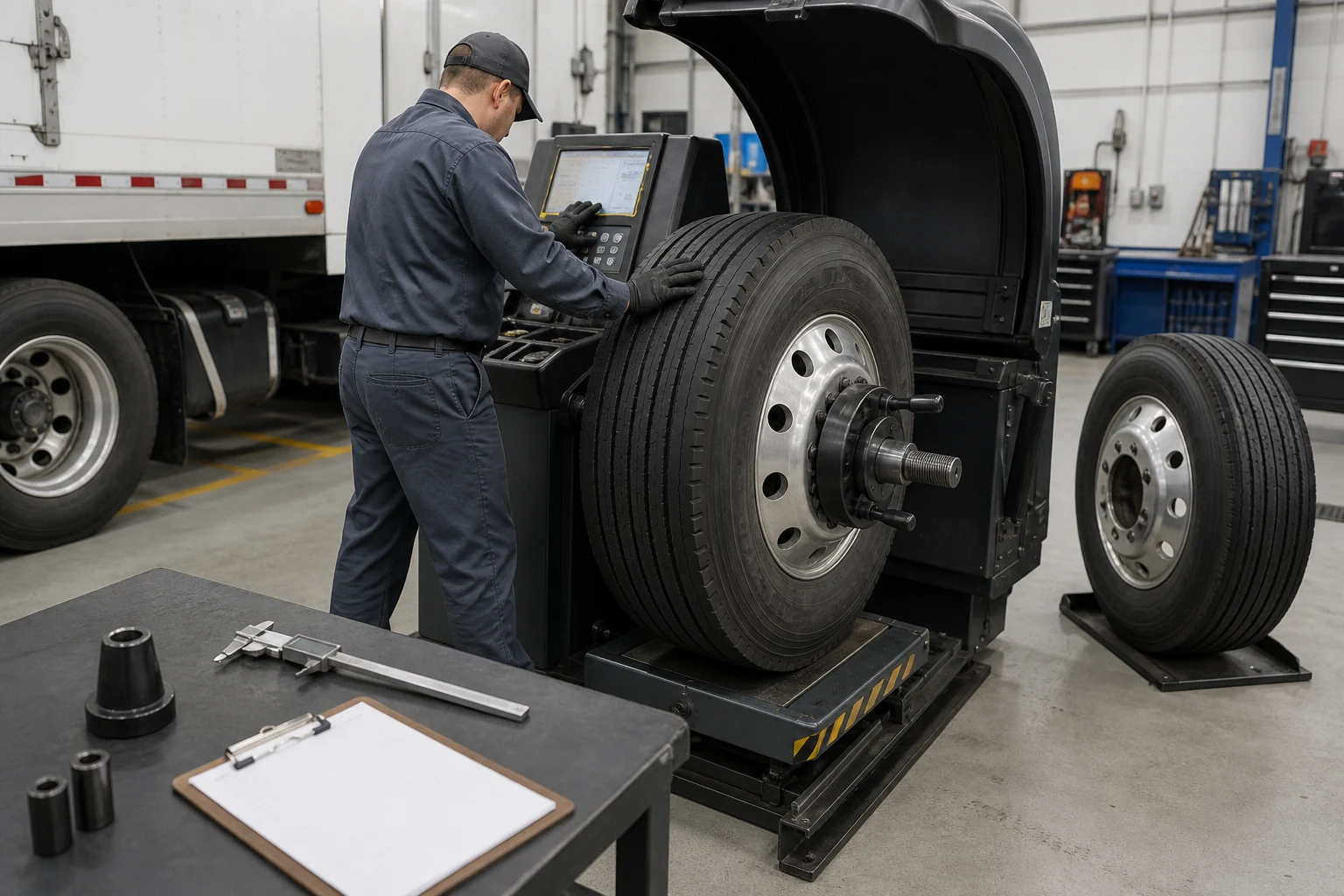 Balancing Beads vs Wheel Weights for Trucks: A Fleet Selection Guide 2 Fleet maintenance technician testing a commercial truck tire and wheel assembly on a heavy-duty wheel balancer