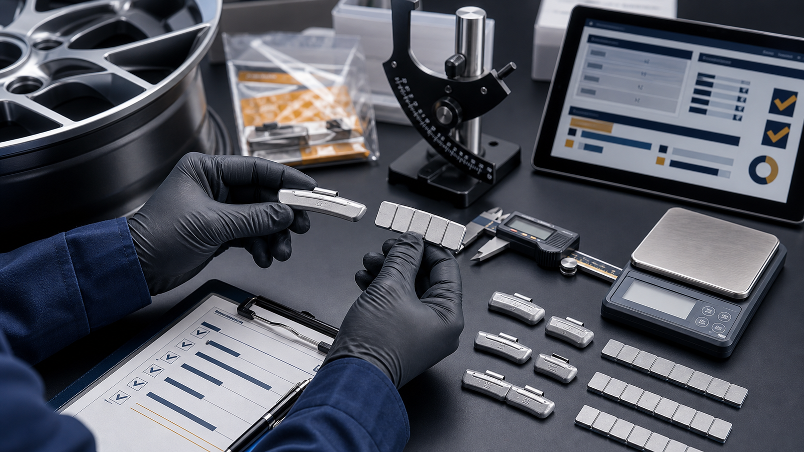 Automotive Wheel Balancing Trends 2026: Materials, Automation & Regulation 4 Quality engineer inspecting generic clip-on and adhesive wheel weights with a flange gauge, caliper, scale, and sample checklist