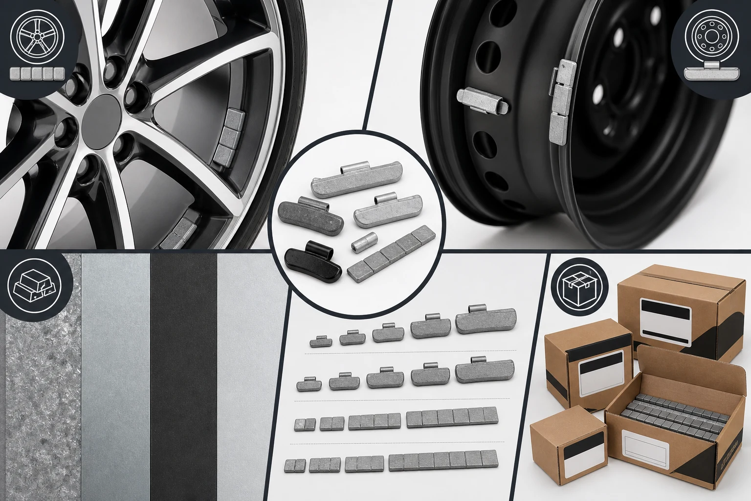 Catalog field map showing alloy wheel adhesive weights steel wheel clip-on weights material choices increments and cartons