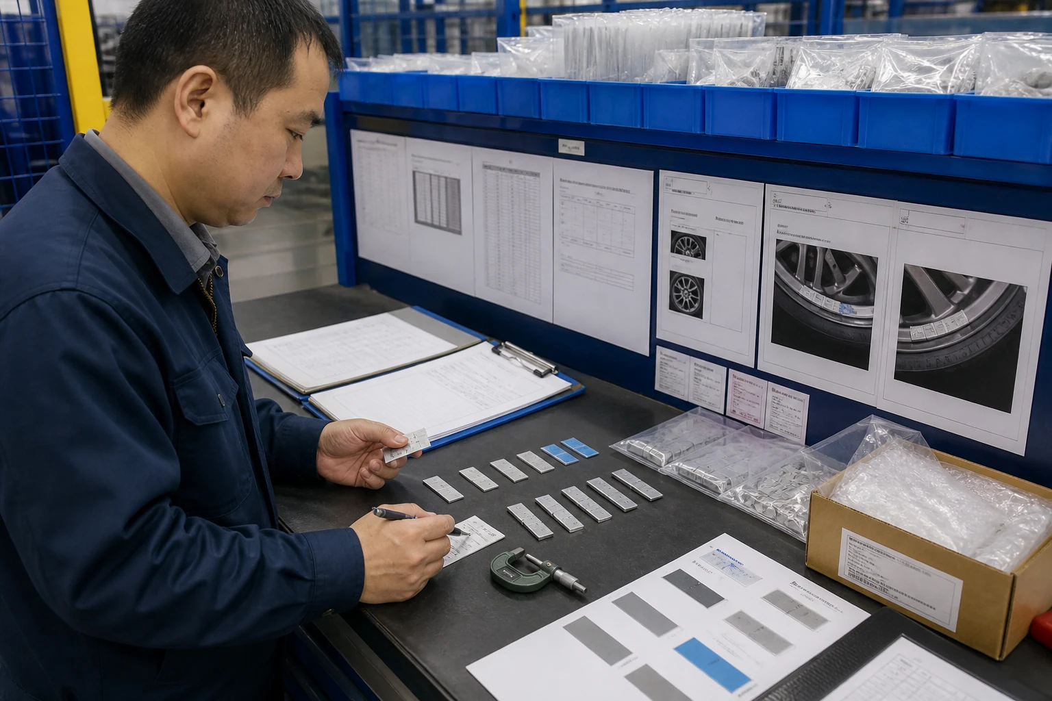Auditoría en Sitio de Fábrica de Pesas para Ruedas: Qué Deben Verificar los Compradores Antes de la Aprobación 2 Auditor de fábrica revisando muestras de pesas para ruedas, piezas recubiertas, tiras adhesivas, calibres, etiquetas de lote, etiquetas de cartón y registros de acciones correctivas
