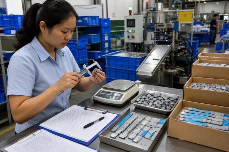 Auditor de calidad inspeccionando la producción de contrapesos de rueda con muestras clip-on y adhesivas, calibrador, escala, contenedores de materiales, cartones y registros