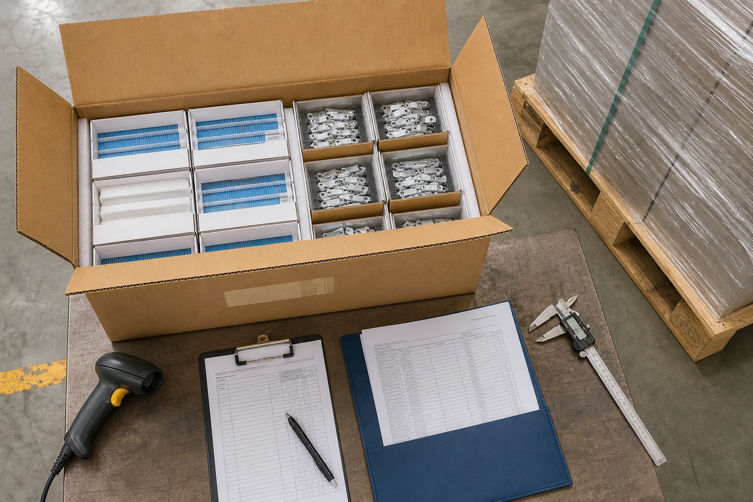 Wheel Weight Shipping: Incoterms, Packing, and Import Planning 2 Import receiving check for wheel weight cartons inner packs labels pallet tags barcode scanner and packing records