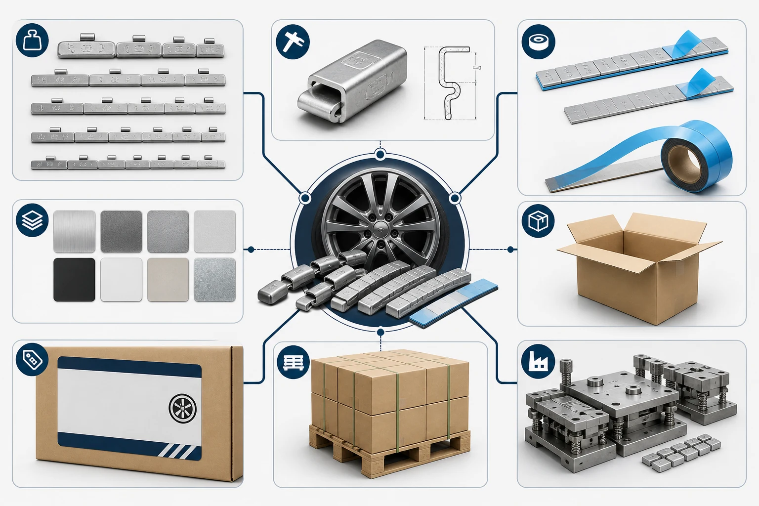 Wheel Weight MOQ: What Determines Minimum Order Quantity? 1 Visual map of wheel weight MOQ drivers including standard weights clip profile adhesive tape materials packaging pallet and production tooling