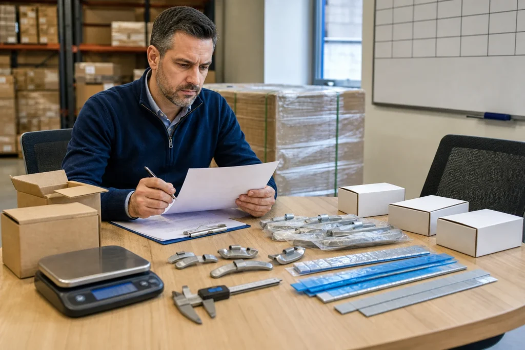 Buyer reviewing a wheel weight MOQ proposal with clip-on weights adhesive strips sample cartons scale and caliper