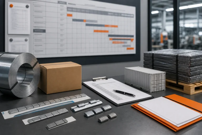 Escritorio de planificación de producción y entrega de pesas para ruedas con muestras de producto, cartones, palé, lista de verificación de inspección y documentos de envío