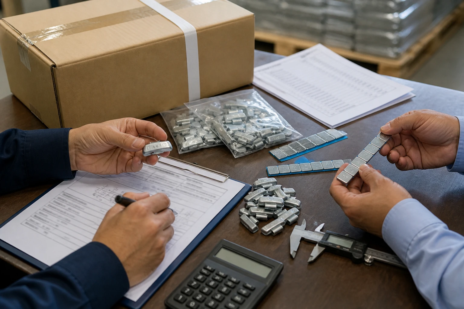 Wheel Weight Payment Terms: How Buyers Manage Order Risk 2 Buyer and supplier reviewing wheel weight samples, packing details and inspection documents