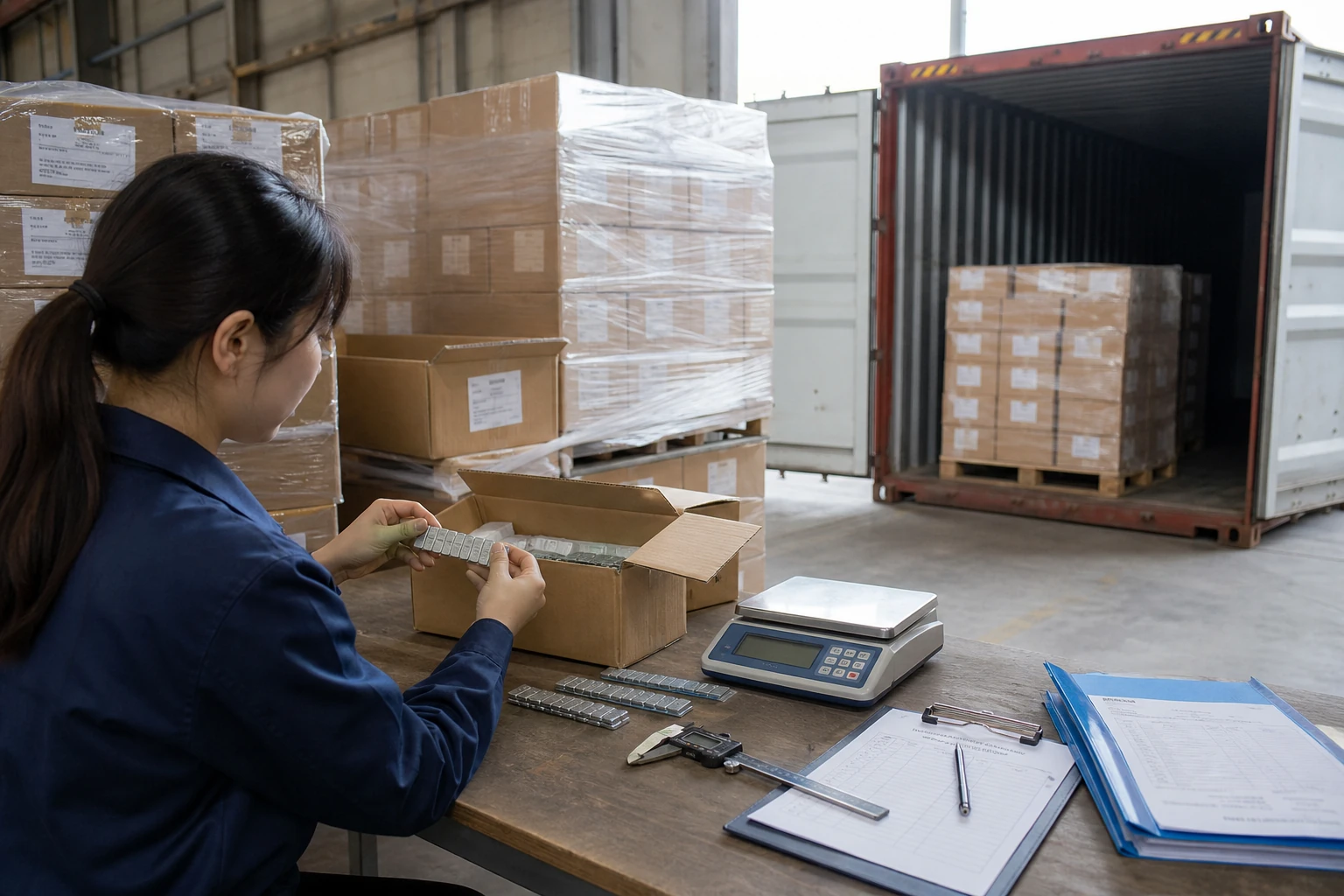 Wheel Weight Order Lead Time: What Affects Production and Delivery? 2 Wheel weight pre-shipment inspection with cartons pallet scale calipers and freight booking documents in a warehouse