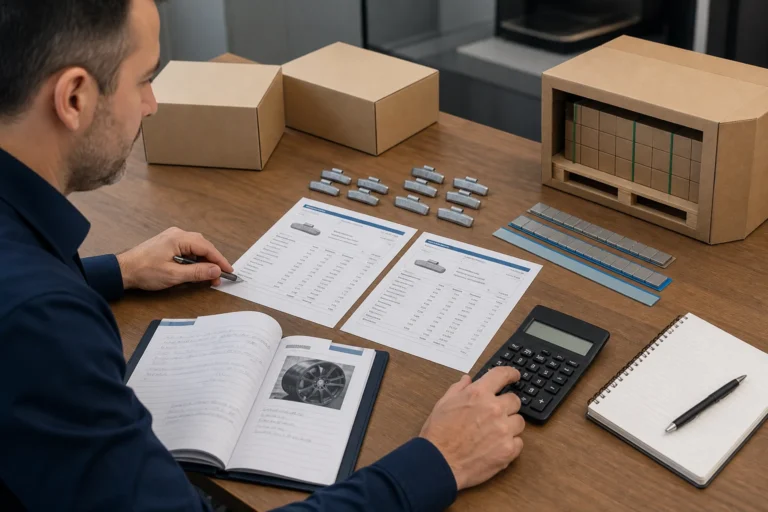 Comprador comparando cotações de pesos de roda com amostras de clip, tiras adesivas, caixas, calculadora e modelo de envio