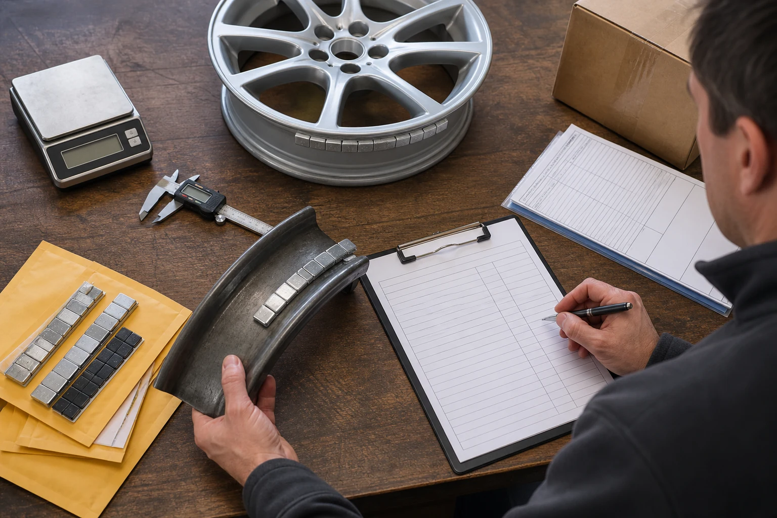 How to Normalize Wheel Weight Quotations: Scope, Omissions, and Risk 2 Buyer verifying a wheel weight quotation against clip-on profile adhesive samples wheel rims scale caliper cartons and inspection checklist
