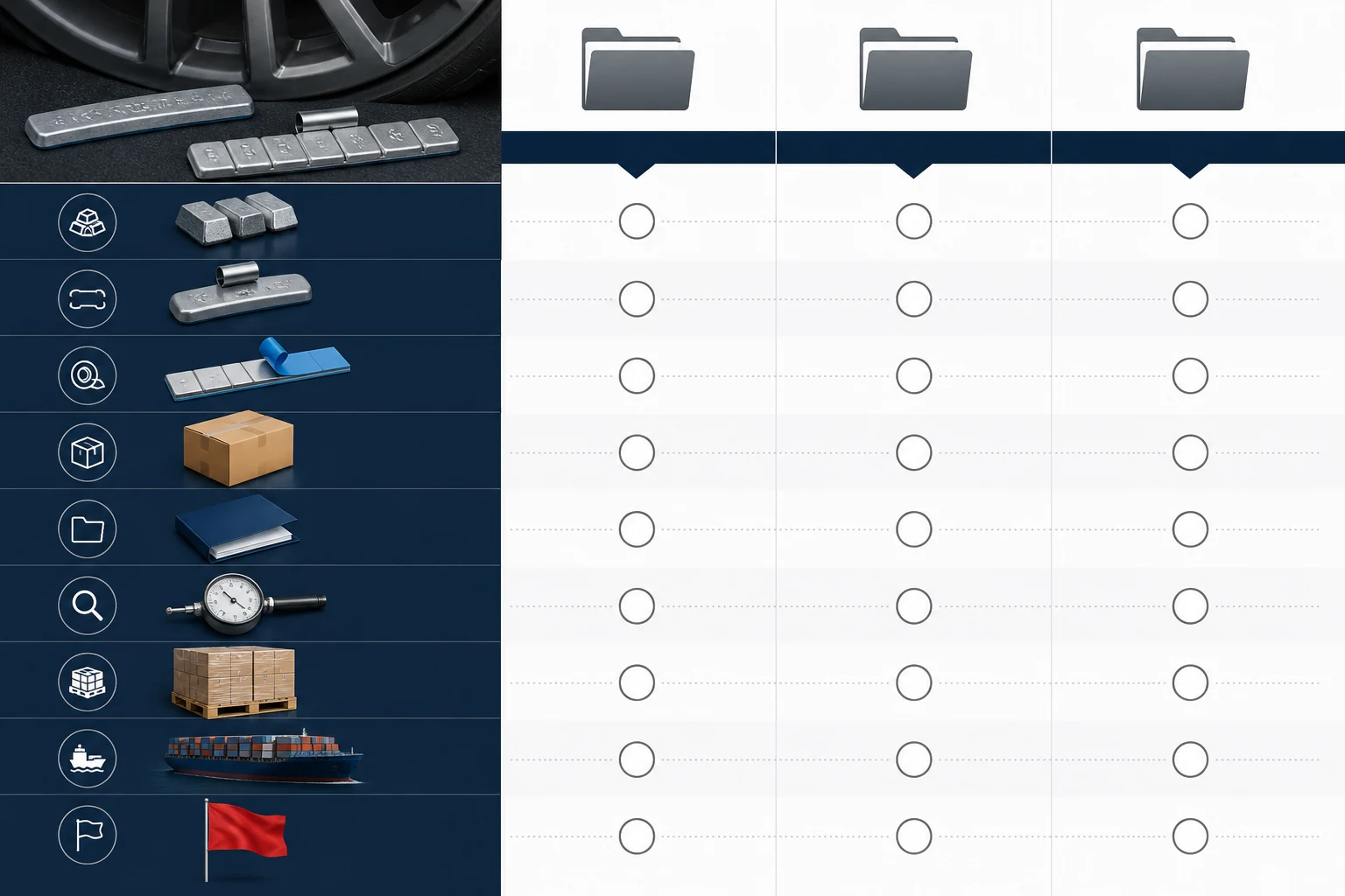How to Normalize Wheel Weight Quotations: Scope, Omissions, and Risk 1 Visual wheel weight quotation scorecard showing three supplier columns and checks for product packaging documents inspection delivery and risk
