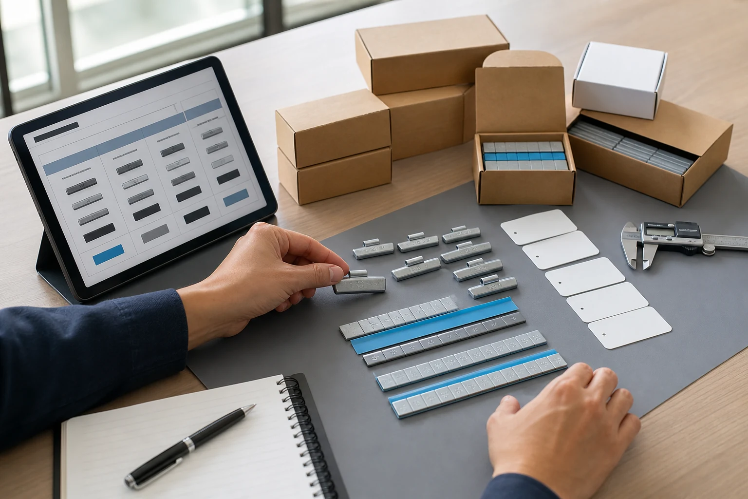 Wheel Weight Supplier vs Manufacturer: Which Sourcing Model Fits Your Order? 2 Buyer comparing wheel weight samples adhesive strips cartons and RFQ options on a purchasing table