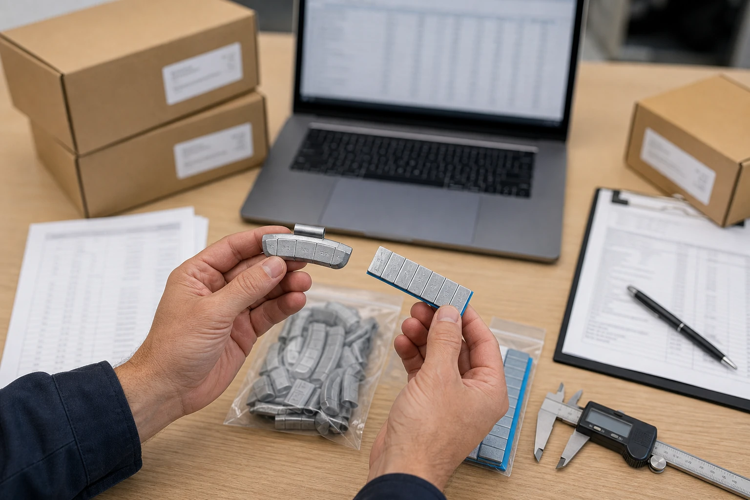Wheel Weight RFQ Template: Copyable Supplier Inquiry Worksheet 2 Buyer reviewing wheel weight samples, carton details and supplier inquiry documents