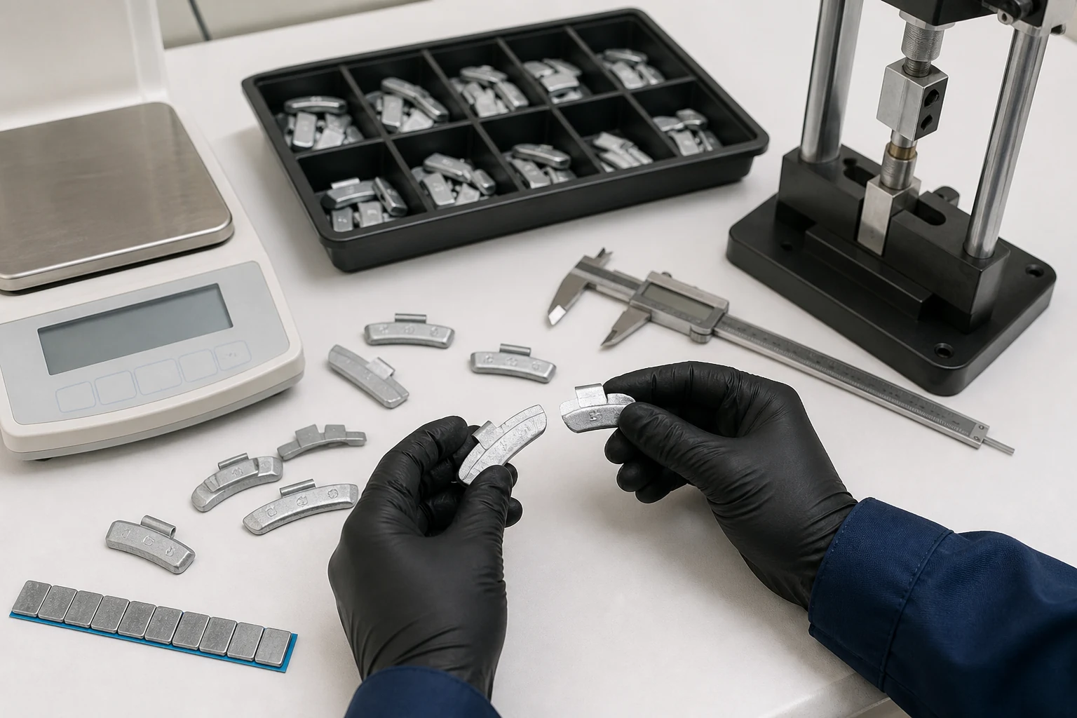 Wheel Weights Manufacturer Screening: What Buyers Can Verify Remotely 2 Wheel weight quality lab reviewing clip-on samples adhesive strips caliper scale and pull-test fixture