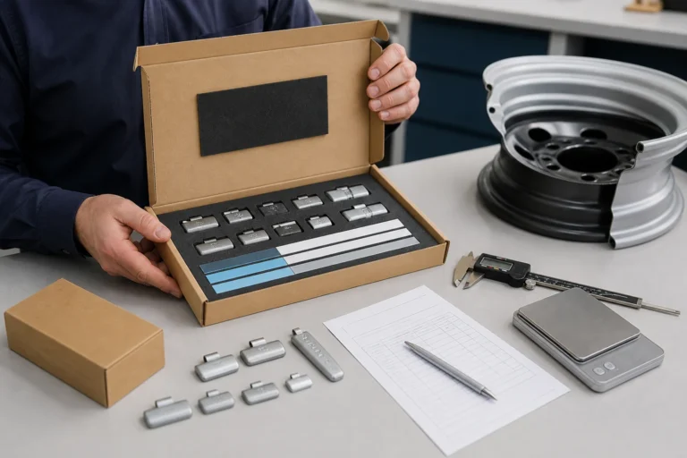 Comprador revisando un kit de solicitud de muestras representativas de pesos para ruedas con pesos de clip, tiras adhesivas, sección de llanta, documentos y calibrador