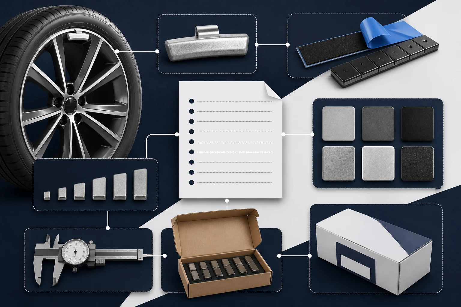 Wheel Weight Sample Request: What to Ask for Before You Buy 1 Wheel weight sample request map showing application clip profile adhesive strip materials increments documents carton and inspection gauge