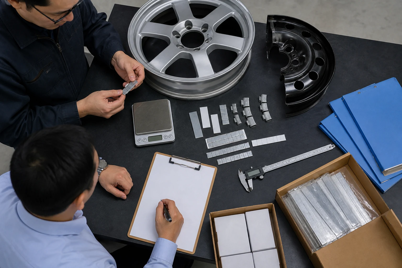 Wheel Weight Sample Request: What to Ask for Before You Buy 2 Buyer validating wheel weight samples with alloy wheel steel rim adhesive strips clip-on samples scale caliper and inspection sheets