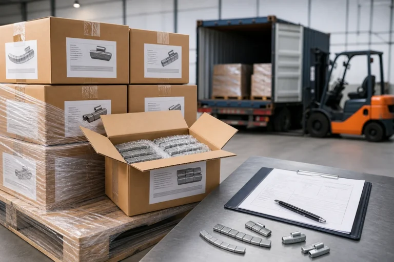 Palé de exportación de cajas de contrapesos adhesivos y de clip con documentos de envío y contenedor de carga en el almacén