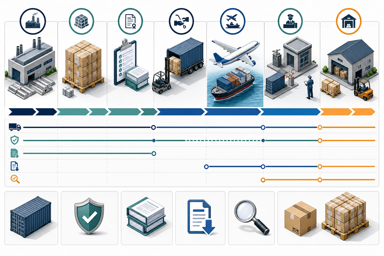 Wheel Weight Shipping: Incoterms, Packing, and Import Planning 1 Wheel weight shipping responsibility map from factory packing export handover transit import clearance to buyer warehouse
