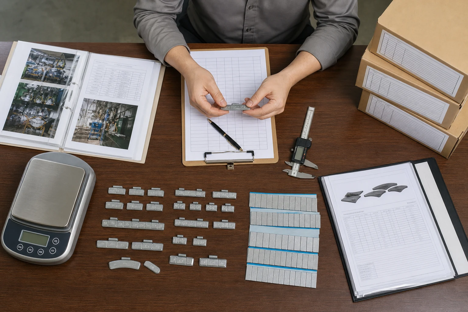 Wheel Weight Supplier Comparison: Scorecard for Shortlisting Candidates 2 Buyer reviewing wheel weight supplier samples documents carton labels scale and caliper for shortlist evidence