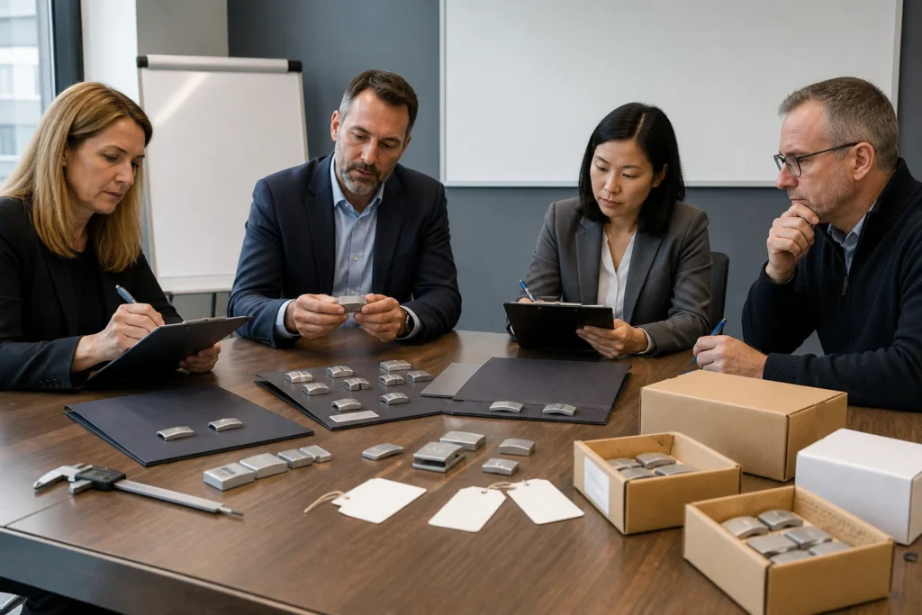 Buyer team comparing shortlisted wheel weight suppliers with samples cartons documents and evaluation board