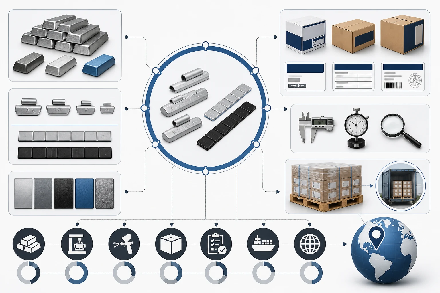 Wheel Weight Price: How to Compare Total Cost Across Quotes 1 Visual total cost map for wheel weights showing materials clip-on and adhesive components cartons inspection pallet shipment and destination