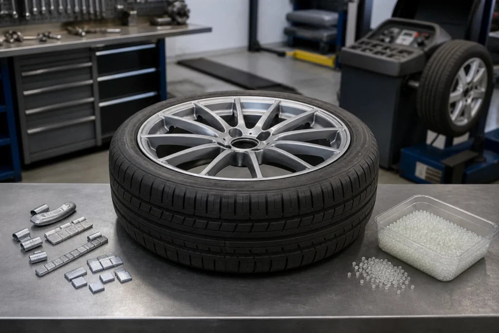 Automotive tire and alloy wheel presented with generic wheel weights on one side and balancing beads on the other in a professional tire service bay