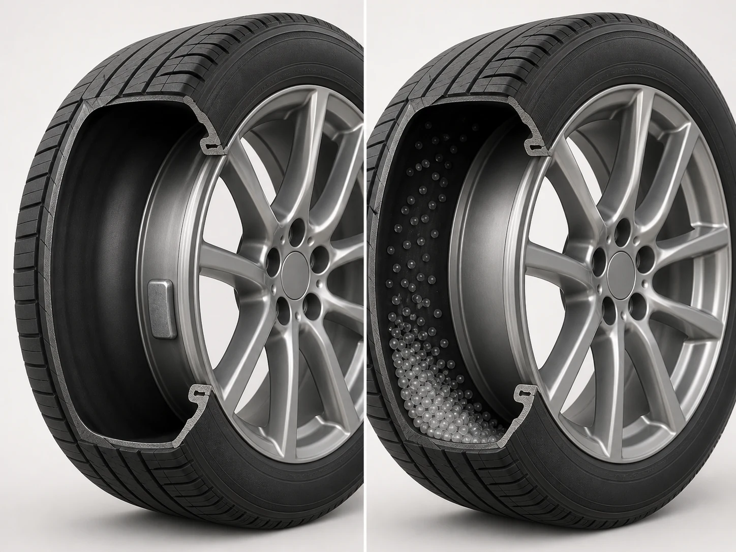 Wheel Weights vs Balancing Beads: 2027 Outlook for Cars, Trucks, and Fleets 1 Technical cutaway comparison showing an adhesive wheel weight fixed to the rim and balancing beads distributed inside the tire cavity