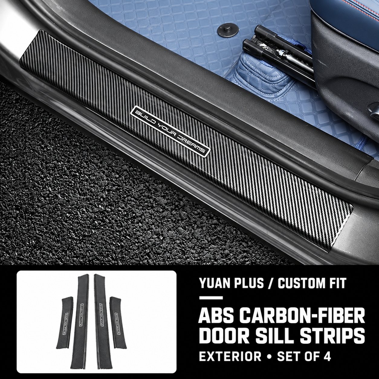Tiras de umbral de puerta ABS Yirox con patrón de fibra de carbono para BYD Yuan Plus, juego exterior de cuatro piezas