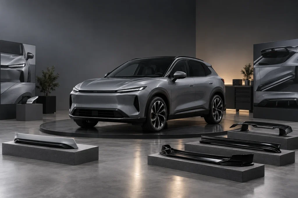 Unbranded electric crossover displayed with factory-style and validated aftermarket exterior accessory samples in an automotive evaluation studio