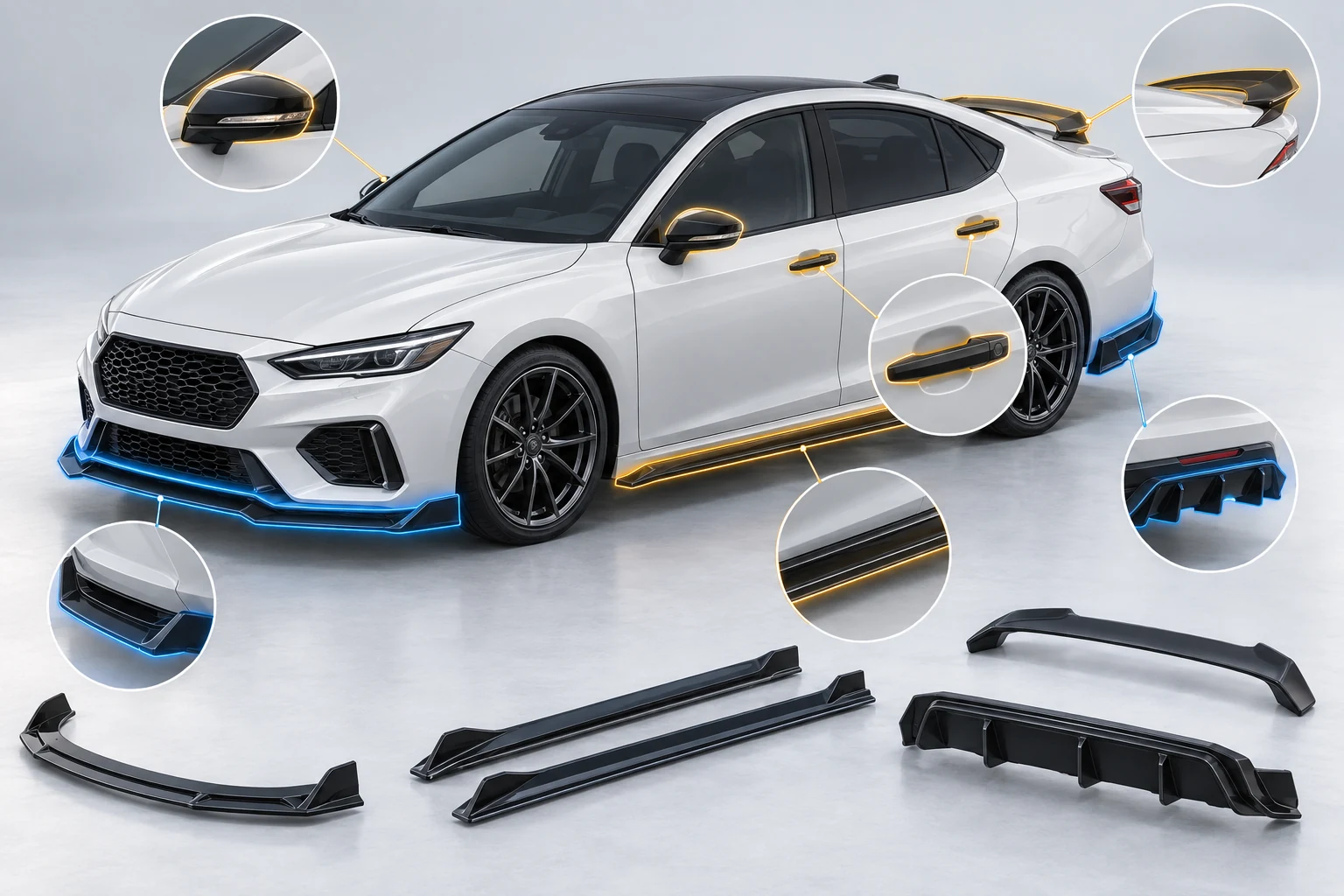 Auto Exterior Accessories vs OEM Exterior Accessories: Which Is Better in 2026? 1 Technical vehicle illustration showing front lip, side skirt, rear diffuser, spoiler and exterior trim accessory zones
