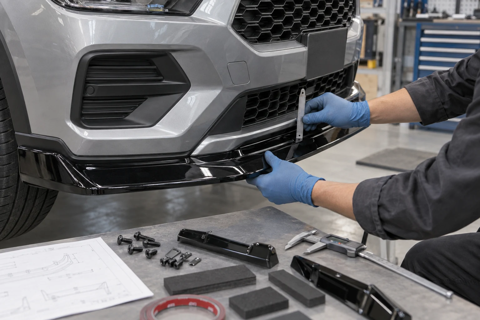 Auto Exterior Accessories vs OEM Exterior Accessories: Which Is Better in 2026? 2 Technician measuring the gap and mounting points of a gloss black front lip during an automotive exterior accessory fitment trial