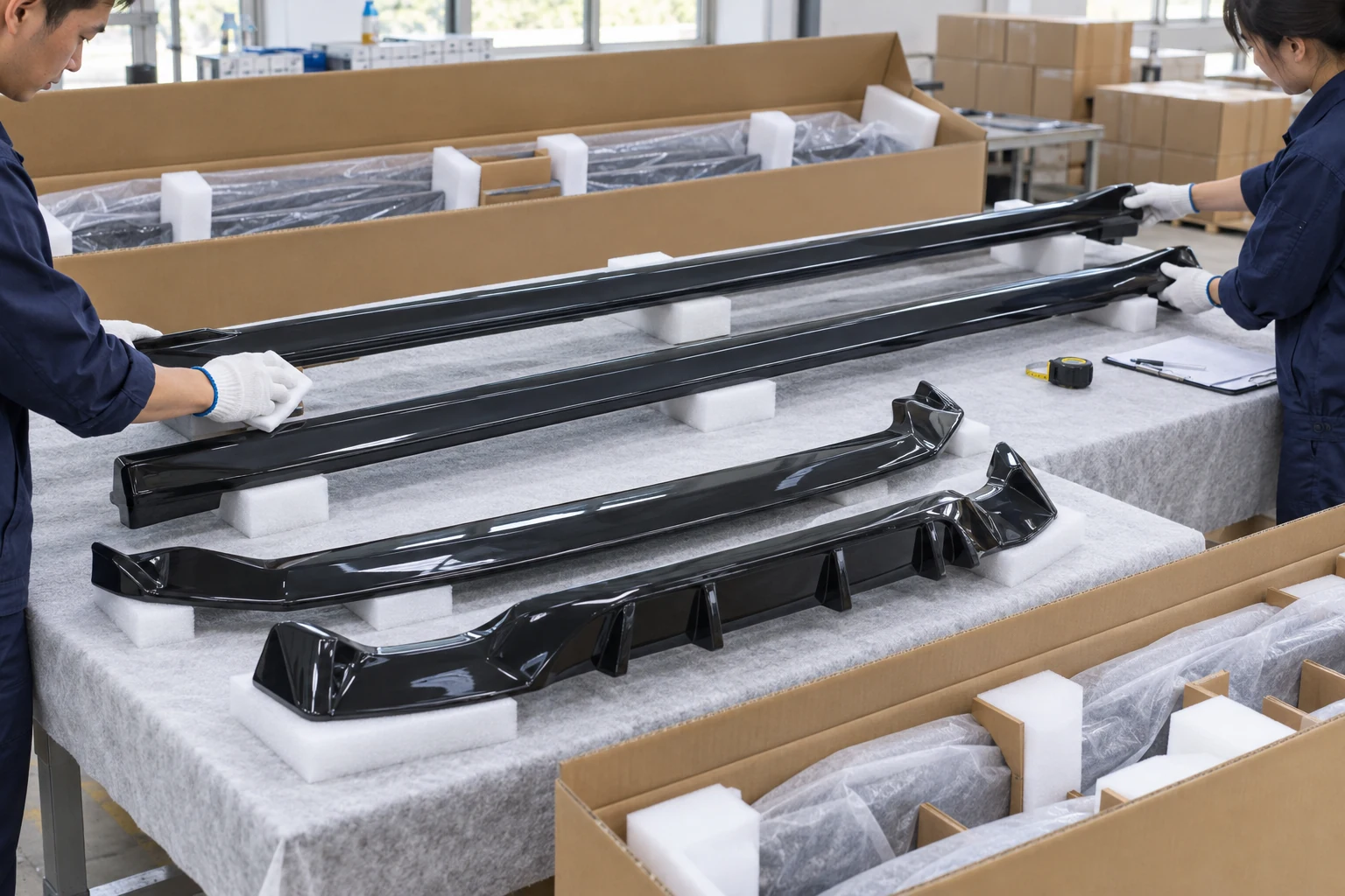Auto Exterior Accessories vs OEM Exterior Accessories: Which Is Better in 2026? 3 Inspectors checking glossy side skirts and rear diffuser parts with foam supports inside export packaging