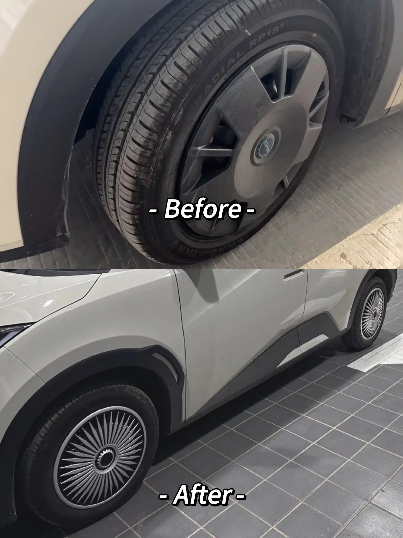 How to Choose Wheel Covers and Hubcaps: Fit, Retention, and Replacement 3 Yirox BYD Seagull before-and-after product photo comparing the original wheel look with an installed full wheel cover