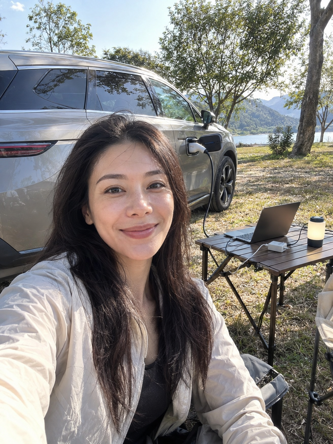 BYD-style electric vehicle with a low-load outdoor V2L setup for a laptop and small lamp