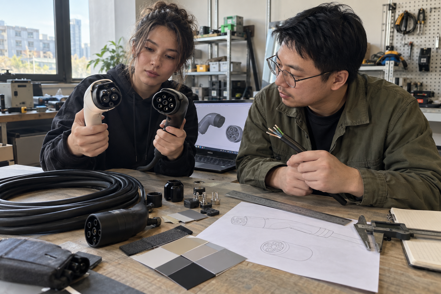 Custom EV Charging Accessories: OEM and Private-Label Customization Brief 1 Technical buyer and product engineer comparing EV charging connector variants, cable samples, color swatches, and a drawing at a workshop table