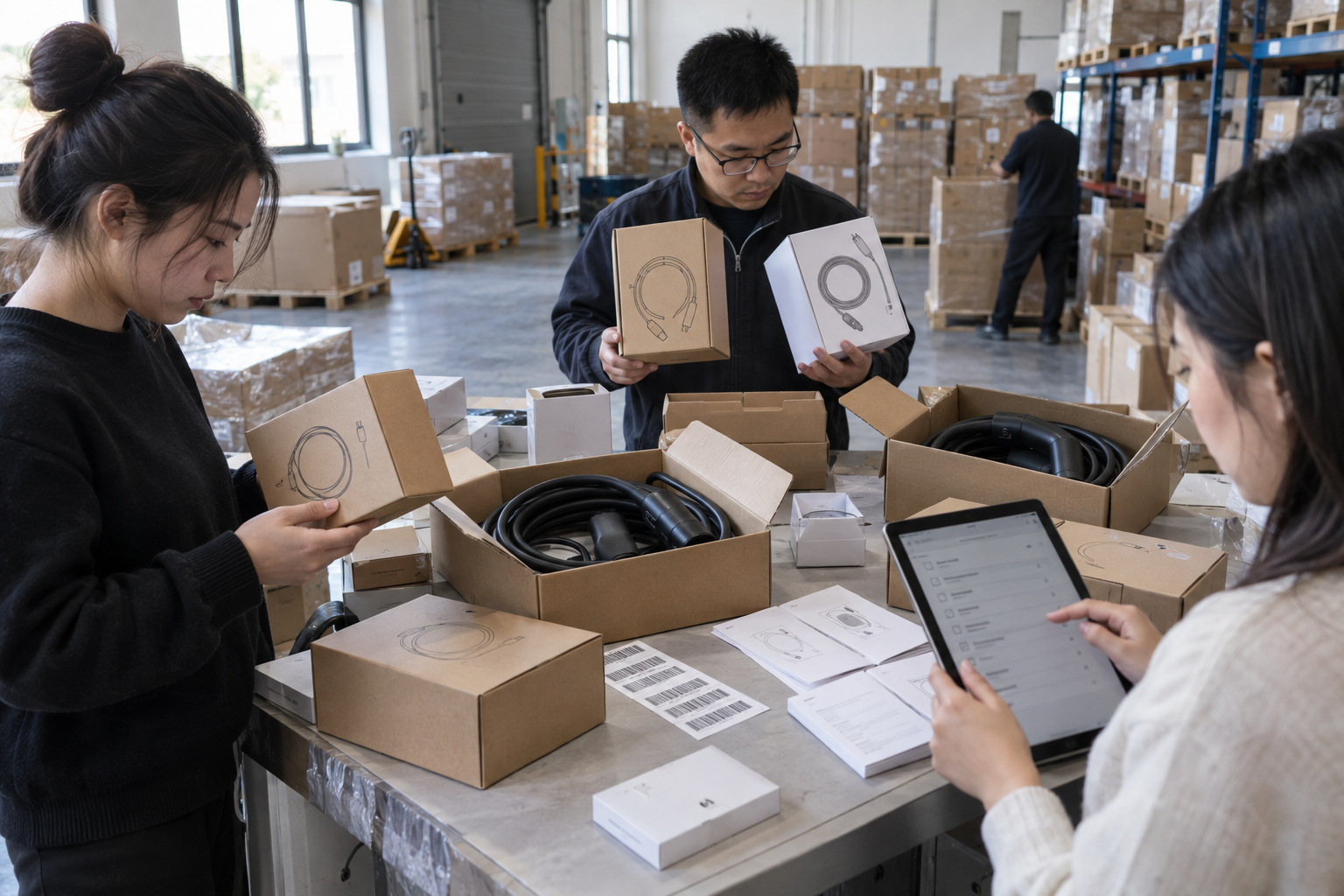 Custom EV Charging Accessories: OEM and Private-Label Customization Brief 2 Operations team checking custom EV charging accessory cartons, sample cables, barcode labels, and manual inserts before approval