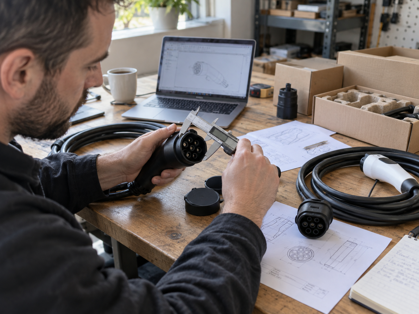 How to Choose EV Charging Accessories: Buying Guide for Home, Fleet, and B2B Markets 2 B2B buyer measuring unbranded EV charging cable and adapter samples beside documents and packaging at a workshop desk