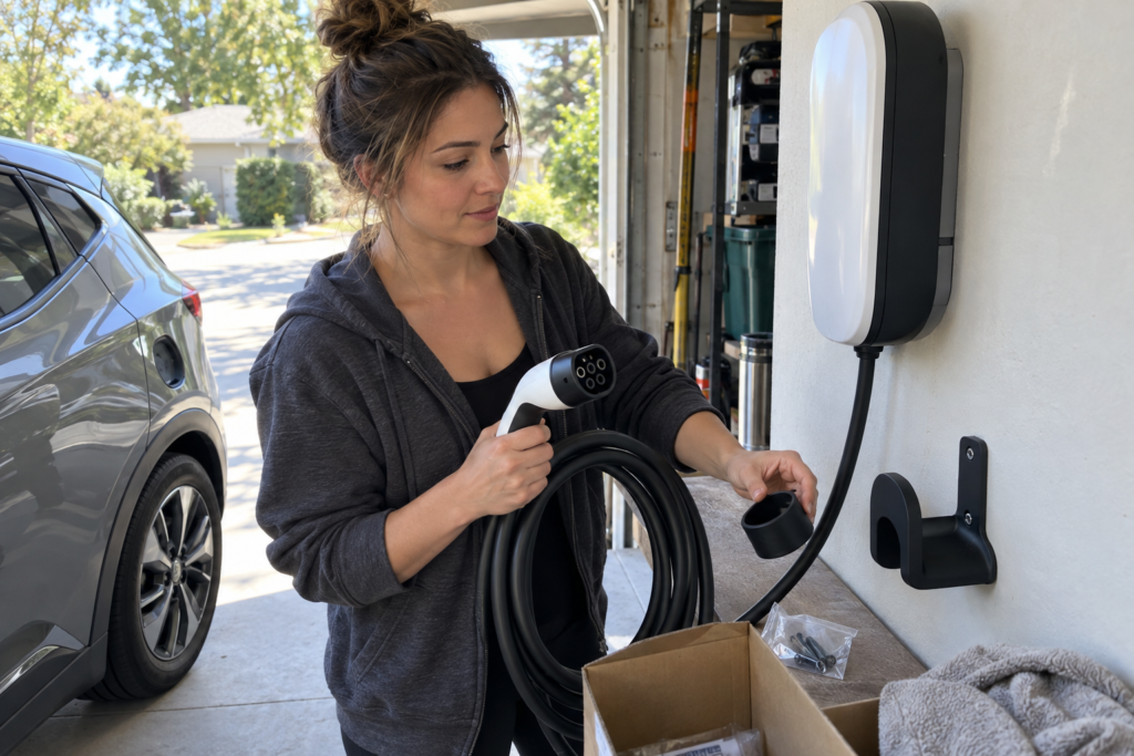 EV owner organizing a charging cable, connector, wall holder, protective cap, and mounting accessory beside a home charger