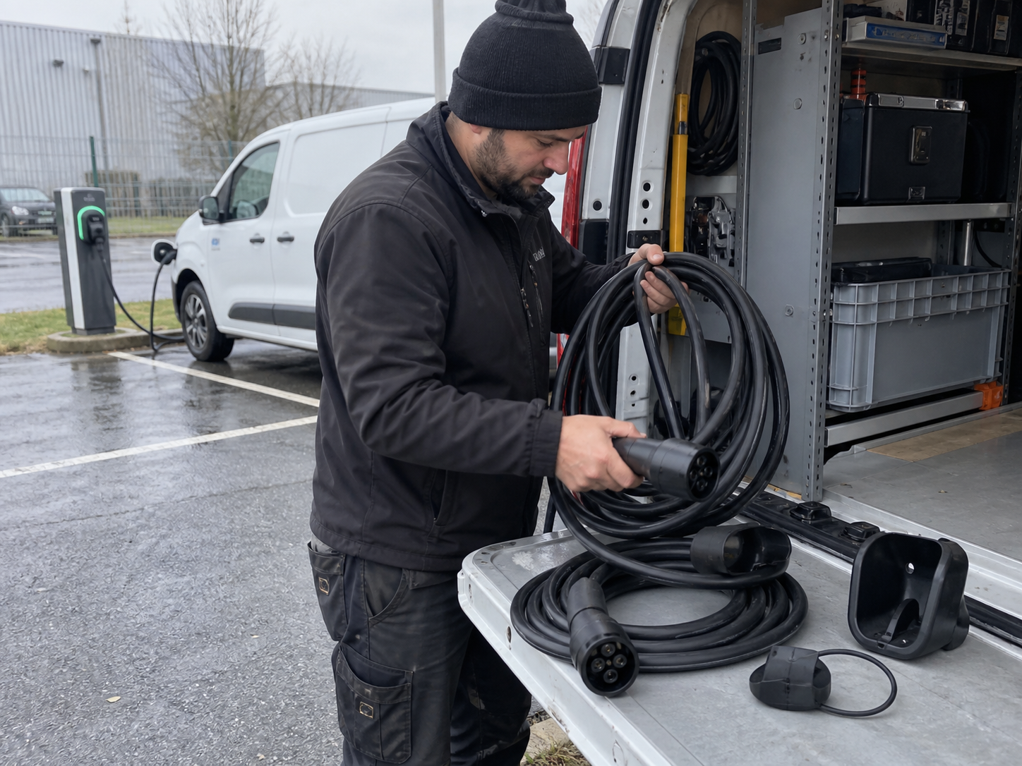 How to Choose EV Charging Accessories: Buying Guide for Home, Fleet, and B2B Markets 1 Fleet technician organizing EV charging cables, connector caps, and cable holders on a work van tailgate