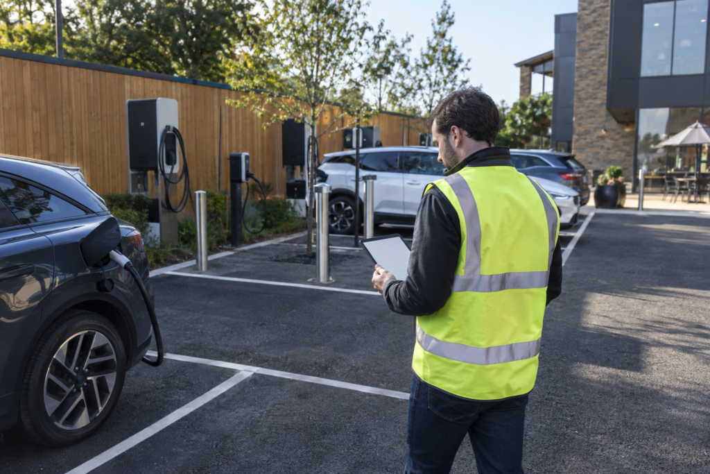 Site manager reviewing an EV charging parking area with wallboxes, cable holders, bollards, and parked vehicles